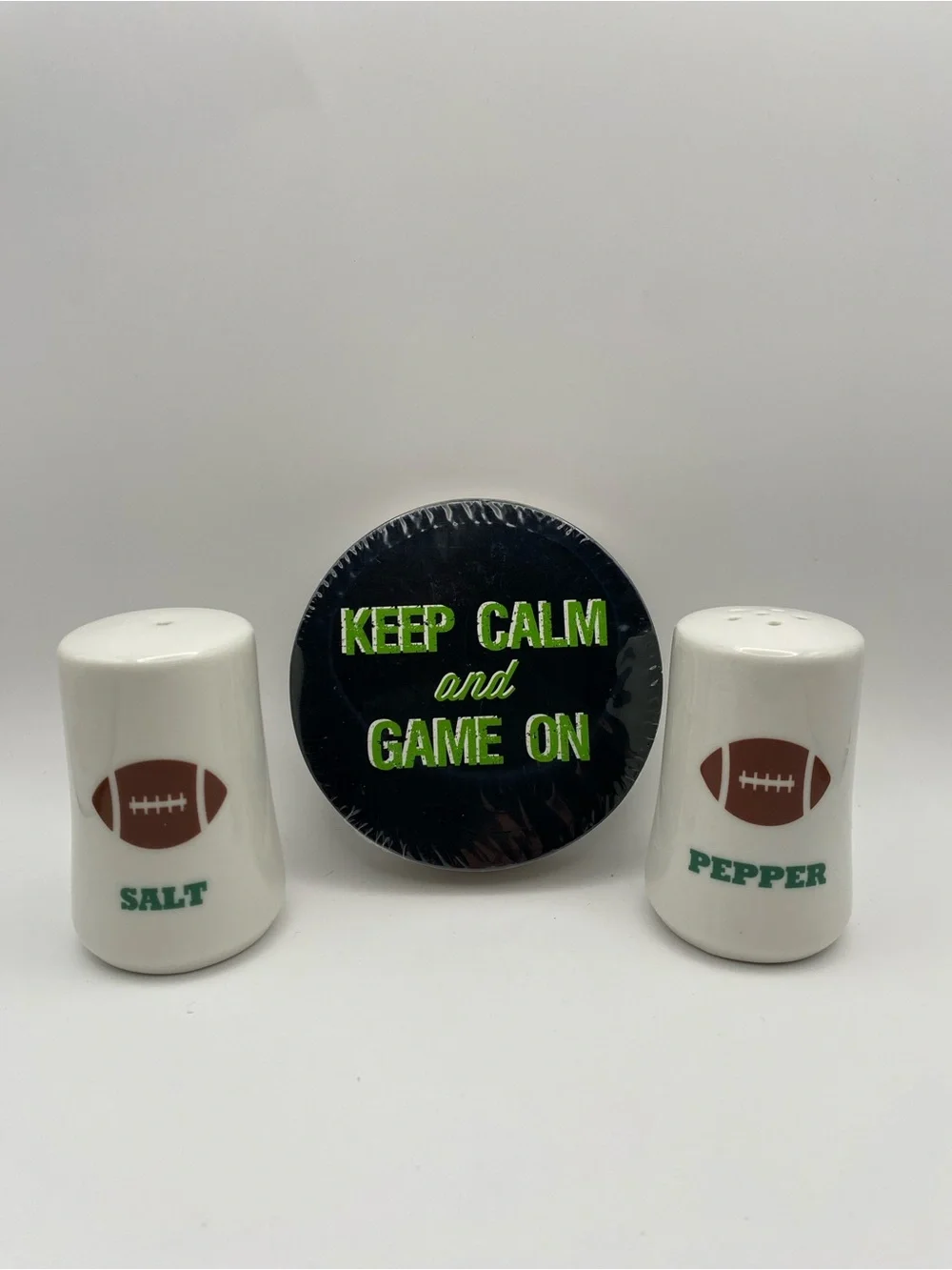 Keep Calm and Game On Black Coasters with White Football Salt & Pepper Shakers